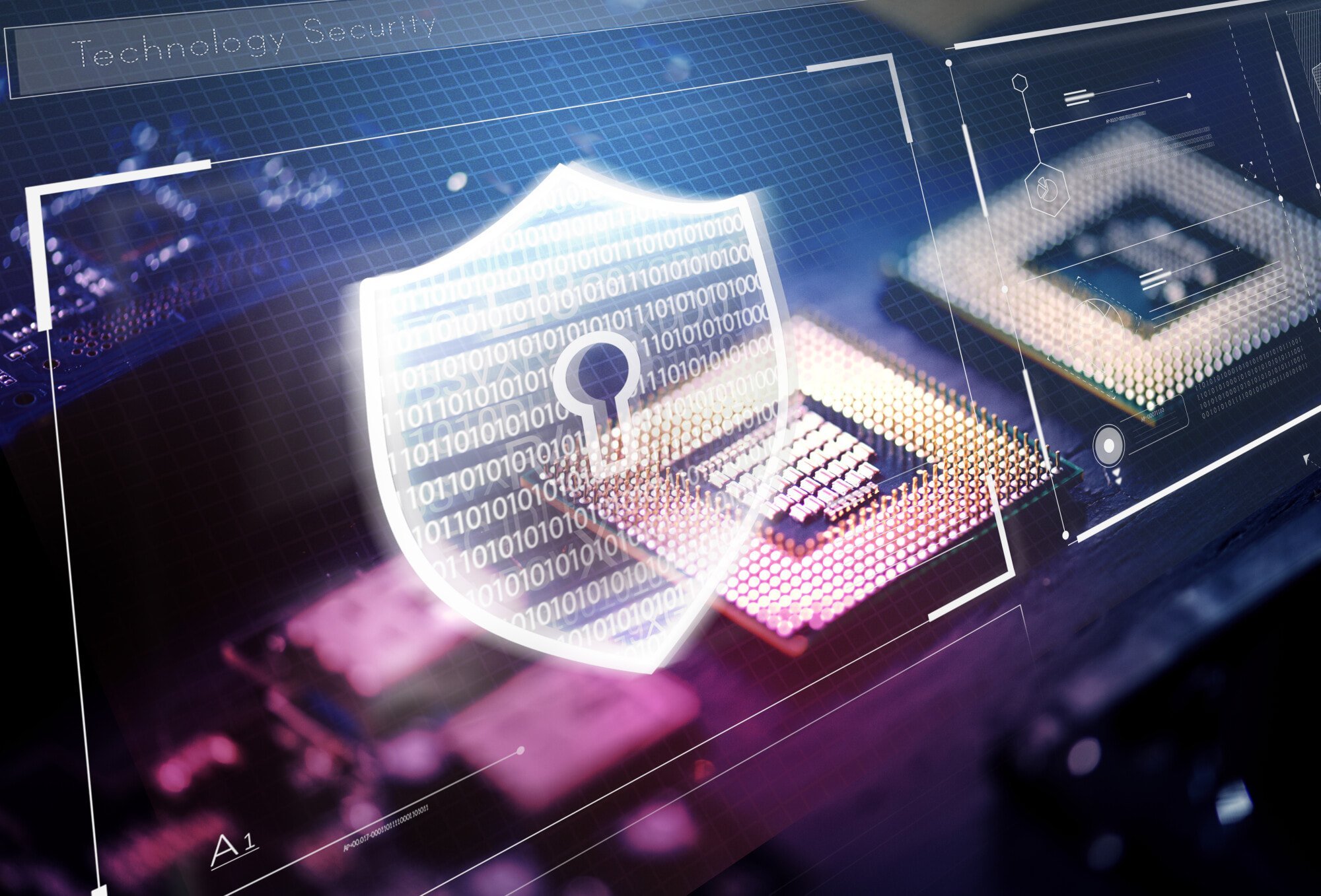 Digital illustration of a shield with binary code and a keyhole overlaying a circuit board, symbolizing cybersecurity.