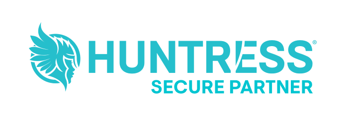 Huntress Secure Partner logo featuring a stylized profile of a woman's face with wing-like hair next to the company name in teal text.