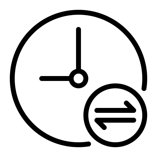 Black outlined clock icon with short and long hands, accompanied by a smaller circle featuring two opposing arrows, indicating time change or synchronization.