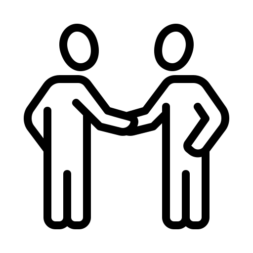 Simple black and white line drawing of two people shaking hands.
