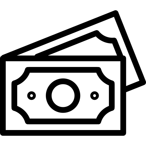 Simple black and white line drawing of two overlapping paper money bills.