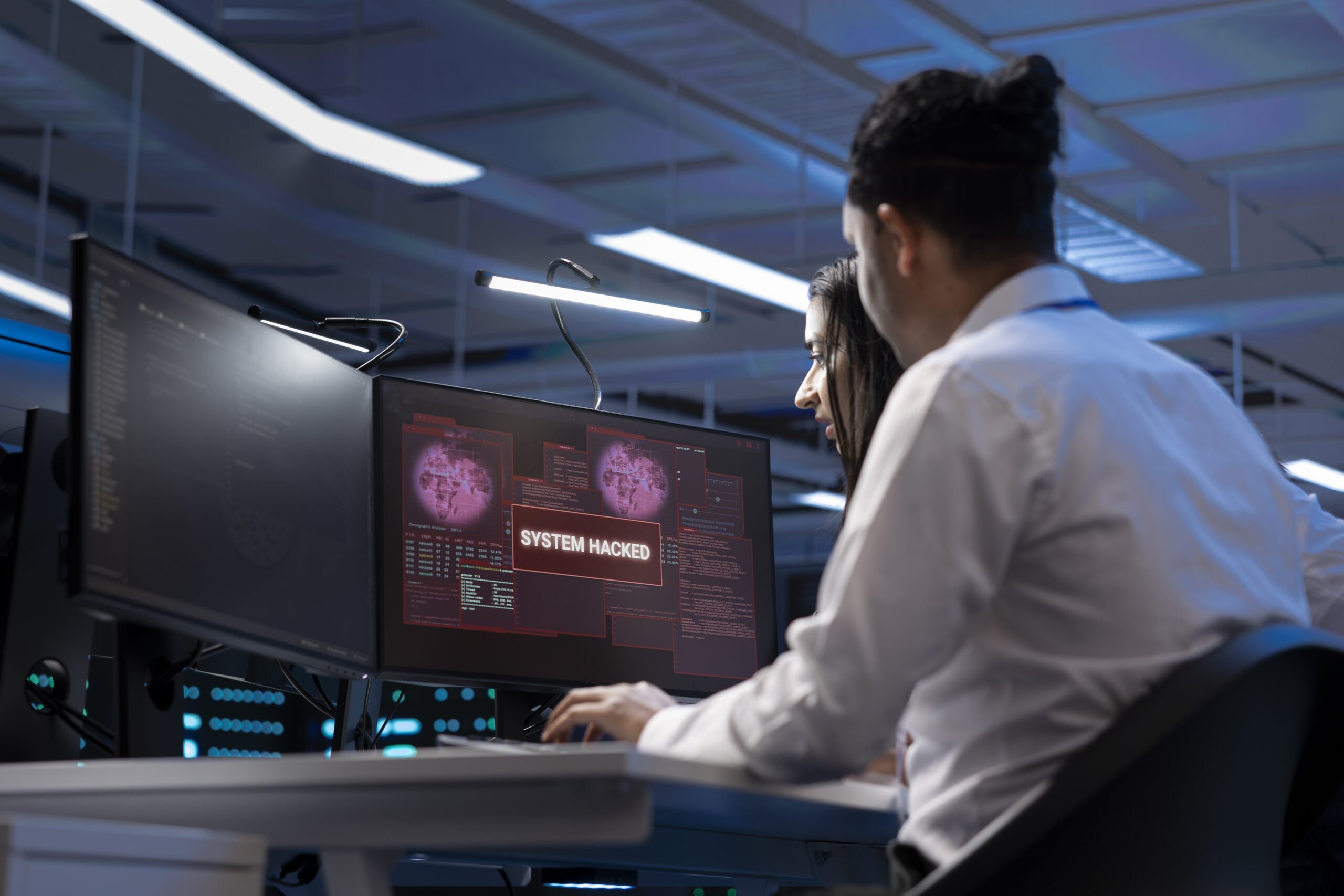 Two people in an office look at computer monitors displaying warnings and the message "SYSTEM HACKED" during a cybersecurity audit in an IT setting.