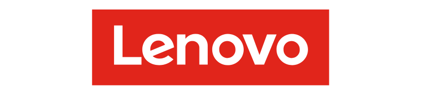 Lenovo logo with white text on a red rectangular background.