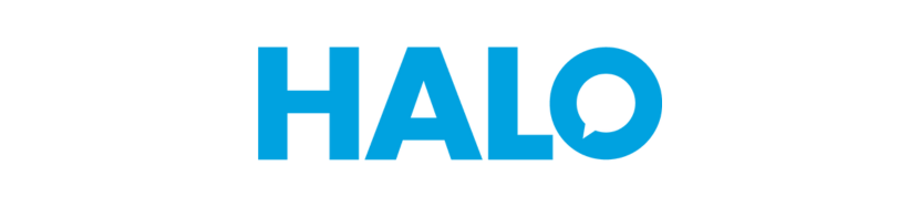 Blue capital letters spelling "HALO" on a white background. The letter "O" features a white diagonal line, creating a speech bubble effect.
