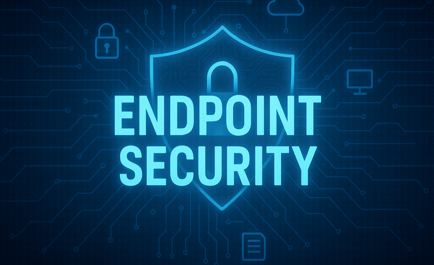Blue digital graphic featuring the words "Endpoint Security" over a shield icon, surrounded by circuit lines and Endpoint Detection and Response security-related icons.