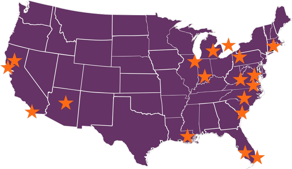 A map of the United States colored purple with large orange stars marking specific cities across the country. A map of the United States colored purple with large orange stars marking specific cities across the country.