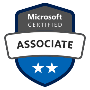 Microsoft Certified Associate badge with two white stars on a blue background.